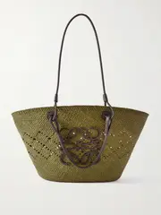 [LOEWE] LOEWE - + Paula's Ibiza Anagram Medium Appliquéd Leather-trimmed Perforated Raffia Tote - Army green - One size One size Green