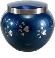Metal Cremation Urn Memorial Jar Pot Container |Standard Size Urn for Funeral Ashes Burial | Round Shape Paws Engraved Metal Urn | White - 4.5" Inches (Navy Blue)
