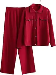 [HEYDHSDC] Women Fake Pocket Knitting 2pcs Suits Single Breasted Polo Neck Top+Long Pants Two Pieces Sets