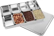 Multi Grid Seasoning Box - Stainless Steel Condiment Tray, Kitchen Storage Container | Divided Rectangle Box with Lid Holder and Spoons for Vinegar, Salt, Sauces, Spices, Buffet, Cooking Use