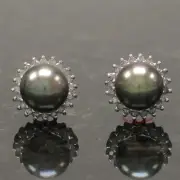 14kt Solid White Solid Gold Genuine Diamond Black Cultured Pearl Stud Earrings