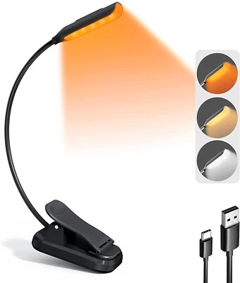 USB Rechargeable Clip-On Book Light 3 Color Book Lamp Adjustable Brightness Read
