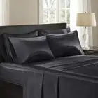 Solid Black Satin 6 pc Sheet Set Full Queen Cal King Bedding Extra Pillowcases
