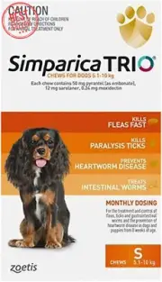 Simparica Trio for Dogs 5.1–10kg, Orange, Flea Tick Worm Chews, Pack of 3