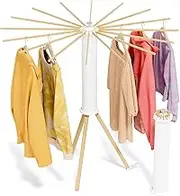 Tripod Clothes Drying Rack, Portable Folding Drying Rack for Laundry, Travel, Indoor Outdoor, Collapsible Laundry Floor Stand for Balcony Household (Beech Wood, Wooden & White)