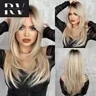 Ombre Blonde Wig for Women Long Straight Wig with Bangs Layered Natural Hair