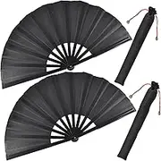 2pcs Large Black Folding Fans Handheld Nylon Cloth Classical Fans with Holder Sleeve Chinese Kung Fu Fan for Festival Performance Dance Decorations Gifts
