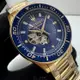 MASERATI手錶,編號R8823140004,44mm金色圓形精鋼錶殼,寶藍色鏤空, 中三針顯示, 水鬼錶面,金色精鋼錶帶款,限量真鑽鏤空限量錶