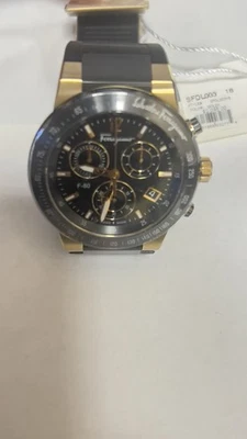Salvadore Ferragamo Watch F-80 Firenze Chronograph Gold-Black Rubber Strap