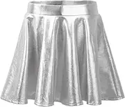 [Aislor] Kids Girls Glossy Metallic Skirt Mini Skater Skort Dance Athletic High Elastic Waistband Skirt