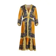 SANDRO PARIS Ocher Viscose Midi Dress In Yellow Blue Sz 40 / US8 MSRP $595 New