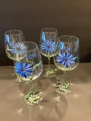 BLOCK Large Water/Wine Goblets Hand Painted Blue Flowers NEW never used