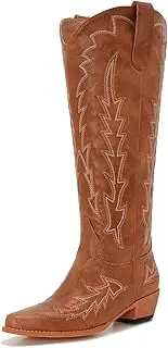 [Souactimuy] Wide Calf Cowboy Boots Women Plus Size Ladies Cowgirl Boots Knee High Tall Western Style Slip On Pointed Toe Chunky Low Heel