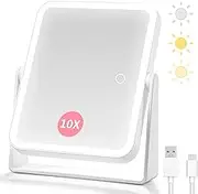 Rechargeable Magnifying Mirror with Lights,1X/10X Double Sided Makeup Mirror-3 Color Light-Smart Touch Screen Dimming-360°Rotation,Portable Desktop LED Magnifying mirror for Makeup/Travelling