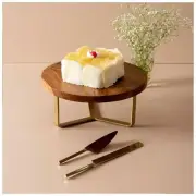 Wooden Cake Stand Dessert Platter Stand with Gold Cake Servers Set