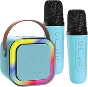 Laser Karaoke Machine with 2 Wireless Microphones, LED Light Show, 4 Voice Effects, Portable Bluetooth Speaker, MP3 Player, Rechargeable Battery - Great for Kids, Adults, Parties & Events (Blue)