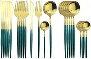 Uniturcky Gold Silverware Set, 24-Piece Stainless Steel Flatware Set Service for 6, Mirror Polished Green Handle Tableware Cutlery Set Knife Fork and Spoon for Home & Restaurant, Dishwasher Safe