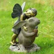 Joyful Girl Fairy With Whimsical Rabbit In Wonderland Statue Elegant Home Garden