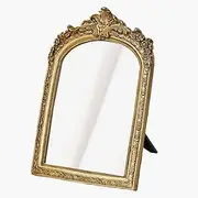 Small Gold Vintage Vanity Desk Makeup Mirror, Antique Decorative Wall Mirror, (12 x 19cm) Resin Carved Arch Table Mirror with Stand for Living Room,Bedroom Dresser,Desktop Decor