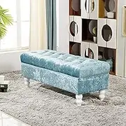 Ottoman Premium Crystal Button Velvet Upholstered with Storage Footrest Shoe Changing Stool for Living Room Bedroom Entryway Hallway-Sky Blue 80x45x45cm(31x18x18inch)