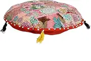 Sophia Art Round Floor Pillow Cushion Patchwork Pouf Ottoman Vintage Indian Foot Stool Bean Bag Floor Pillow Cover Home Decor Living Room Ottoman Bohemain Pillows (Red, 28 Inch)