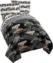 Monster Jam Tracks 5 Piece Full Bed Set - Includes Comforter & Sheet Set - Bedding Features Grave Digger &,Megalodon - Super Soft Fade Resistant Microfiber (Official Monster Jam Product)
