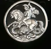 Saint George & The Dragon Slayer Black Onyx Sterling Silver Round Brooch Pin