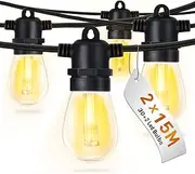 Roshin 30M (15M x 2) LED Festoon Lights Outdoor - 30+2 Bulbs Christmas String Lights, IP65 Waterproof and Shatterproof Fairy Lights for Garden, Party, Camping