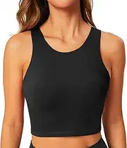 [BAYDI] Women's Sports Bra Without Underwire Bustier High Closed Crop Top Racerback Tank Tops Removable Padding Yoga Bra, Black, XL