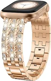 W-RARA Bling Diamond Metal Band Compatible with Apple Watch Bands for Women 38/40/41/42/44/45/46/49mm, Sparkle Luxury Elegant Embossed Design Dressy Strap for iWatch Series SE/10/9/8/7/6/5/4/3/2/1