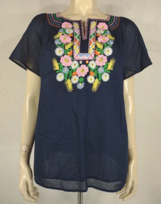 NWT Talbots dark blue colorful embroidered smocked neck peasant top womens sz X