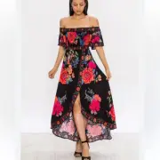 NEW Jealous Tomato Black Red Off Shoulder Maxi Dress Split Front Floral Dance