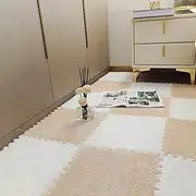 Milk Velvet Patchwork Rugs, 12x12in Square Plush Puzzle Foam Floor Mat Carpet, Carpet Puzzle Mats for Floor Fluffy, Interlocking Carpet Tiles (Camel+White,20 Pcs)