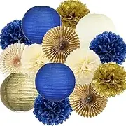 Navy Blue and Gold Party Decoration Paper Lanterns Paper Fans Pom Pom Flowers Navy Blue Party Decorations for Birthday Wedding Baby Shower Graduation Nautical Theme Party Supplies
