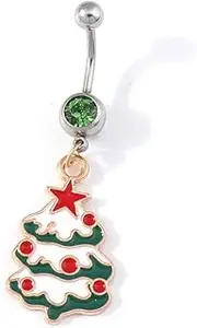 [NewZenro] 14g Christmas Tree Surgical Steel Green CZ Belly Button Ring Navel Rings for Women Cute Dangle Screw Studs Barbell Piercings Sexy Jewelry Christmas Party Gift Her Daughter, Metal, cubic zirconia