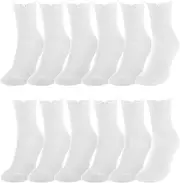 [ANLIOTO] 12 Pairs Ruffle Socks, White Cute Frilly Ankle Socks Soft Cotton Crew Socks for Teen Women, White, One Size
