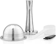 Stainless Steel Refillable Capsules Reusable Coffee Pods Compatible for Nespresso Vertuo espresso Pods Refillable Capsules Fits Vertuolline GCA1 and Vertuo Evoluo ENV135 Series,2.4oz (Capsule +Tamper)