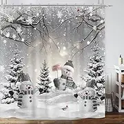 Farmhouse Winter Christmas Shower Curtain, Cute Snowman Snow Forest Pine Tree Scene Shower Curtain for Bathroom Rustic Xmas Snowflake Holiday Gray Bathroom Accessories Polyester 72"X72" with Hooks