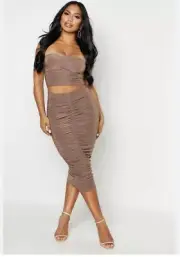 BooHoo Gray Two Piece Slinky Ruched Set Size 4