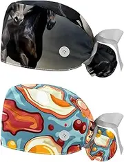 [YTYVAGT] 2-Pc,Nurse Scrub Caps,Scrub Hats with Buttons and Cotton Sweatband,Black Horse Running Cloudy