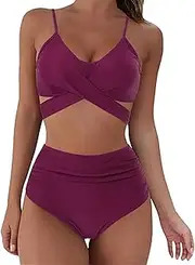 [Generic] Women Push Up Two Piece Bikini Swimsuits Padded Swimwear Bathing Suit Retro Ruched High Waist Bikini with Bottom