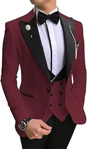 [Profan] Men's Suit 3 Pieces One Button Notch Lapel Wedding Groom Tuxedos Best Man Blazer(Burgundy,40)