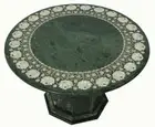 36" Green Marble Table Top Pietra Dura Work Handmade With Marble Stand
