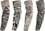 Set of 4 Tattoo Sleeves Set Fake Sun Cream Arm Warmers, Tattoo Sleeves Tattoo Arm Stocking for Men Women Nylon Temporary Tattoo Stocking Arm for Halloween Basketball Cycling