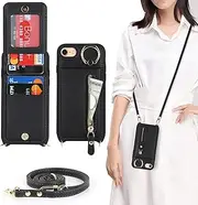 Cavor Vertical Flip Cover for iPhone SE 2020/ SE 2022 Leather Case for iPhone 7/ iPhone 8 Case 4.7'' Crossbody Wallet Card Slots with 360°Rotation Ring Holder Kickstand & Long Shoulder Lanyard Strap--Black