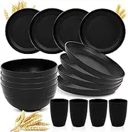 16PCS Wheat Straw Dinnerware Sets, Camping Utensils Reusable Tableware Set BPA Free, Unbreakable Plates, Bowls, Cups, for Kitchen Outdoor Camping Party Home,Microwave Dishwasher Safe-Black