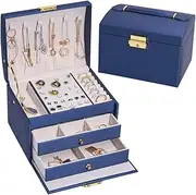 iForcase Large-capacity Jewelry Organiser Box 3- layer Storage Case for Earrings Rings Bracelet Necklaces for Her Girl and Woman Anniversary Valentines Mother Birthday Gift-Dark Blue