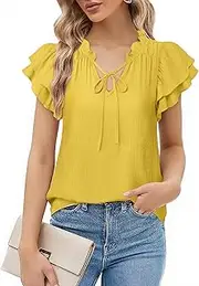 [Vivilli] Women Summer Dressy Casual Tops Ruffle Short Sleeve Work Business Blouses V Neck Tie Front Shirts