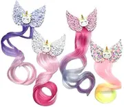 4Pcs Unicorn Wig Hair Clips Bows Hair Braided Extension Hair Bows Braided Curly Wig Hair Extension, Unicorn Hair Extensions Clips, Unicorn Curly Hair Clips Unicorn Wig Hair Clips with Hair Extensions