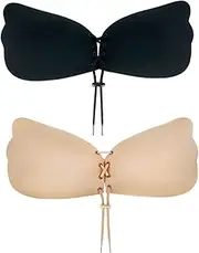 [AYNKH] Stick on Bra, 2Pcs Invisible Adhesive Backless Bra, Strapless Push Up Bras with Drawstring for Women Reusable Skin Friendly Sticky Silicone Padded